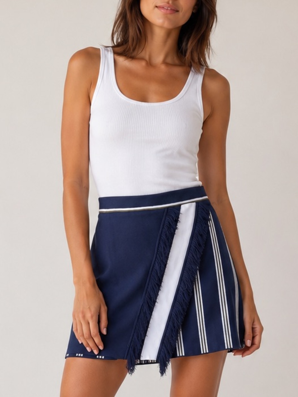 Tanya Taylor Women Andy Fringe Trim Striped Navy Mini Skirt